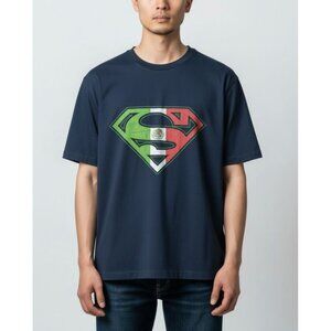 Mexican Superman Logo Graphic Tee Navy Blue Cotton T Shirt